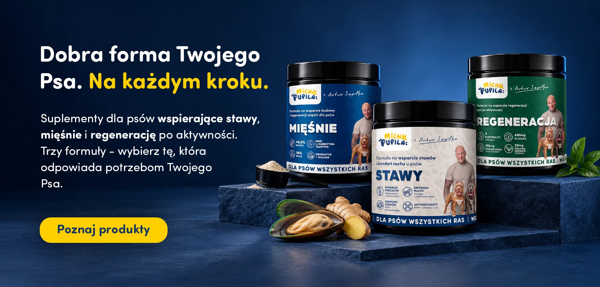 Dobra forma Twojego Psa. Na każdym kroku. Suplementy dla psów wspierające stawy, mięśnie i regenerację po aktywności. Poznaj produkty.